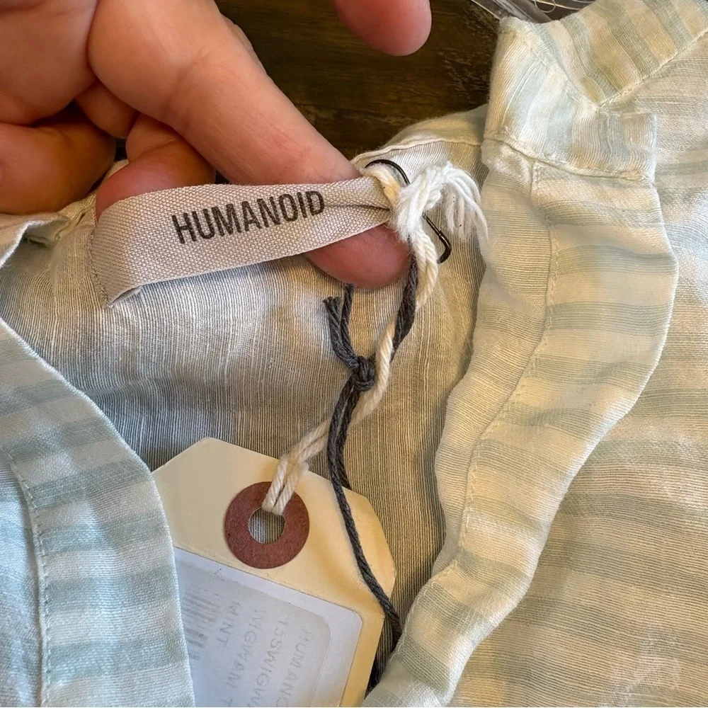 Humanoid Striped Mint Oversized Blouse Pop Over Linen Silk Lagenlook Beachy M